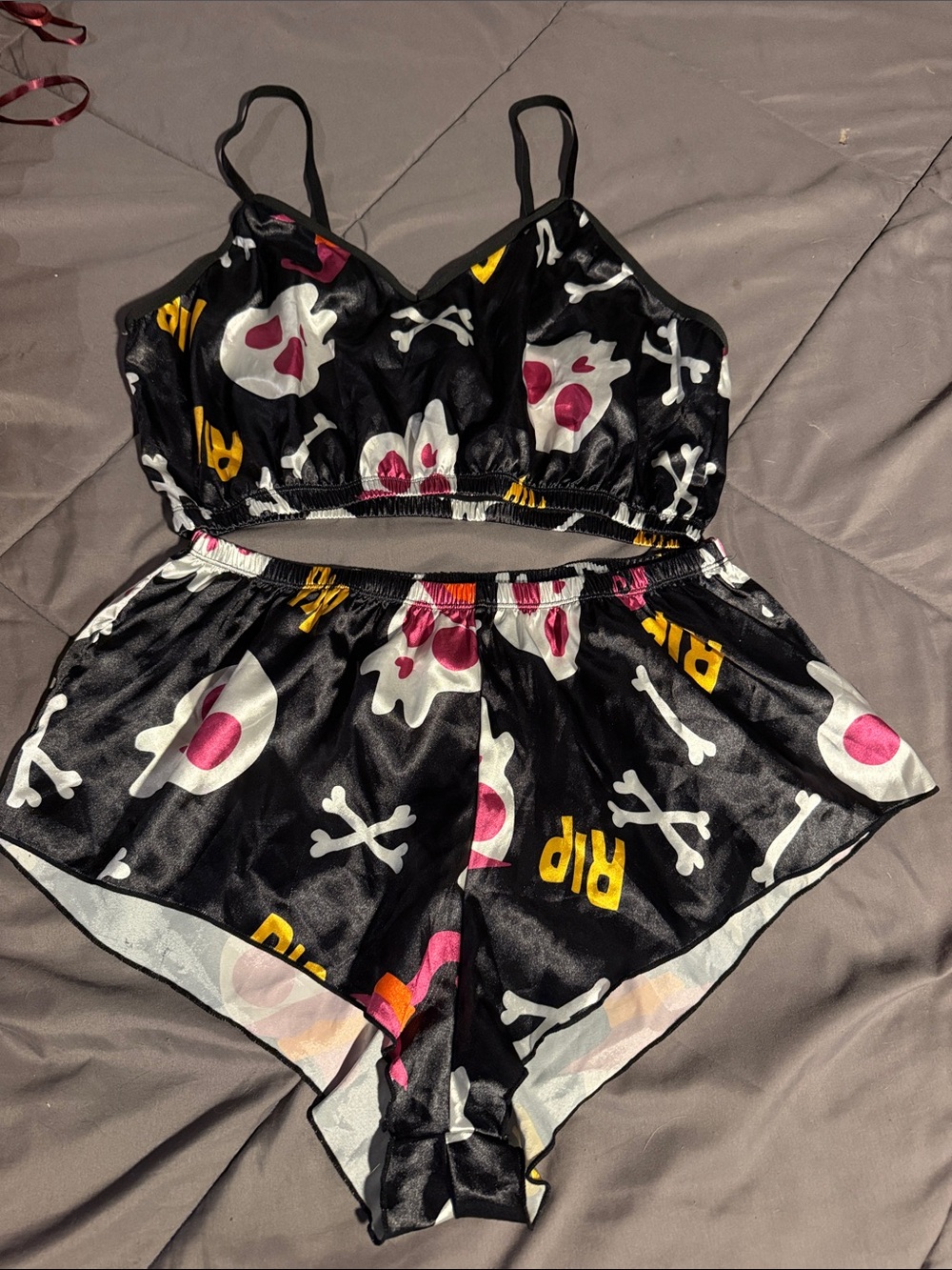 Black Skull & Bones Satin Sleep Set — Women’s Two-Piece Pajama Set